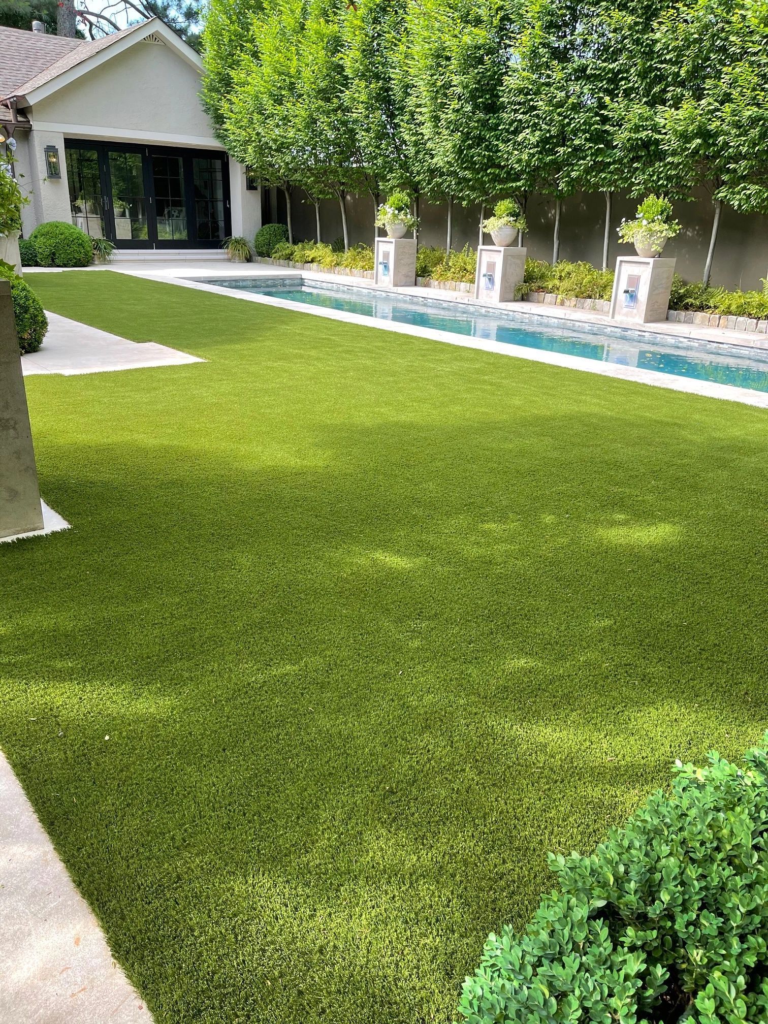 Manicured lawn beside a linear pool framed by potted topiaries, designed by Morgan Landscapes